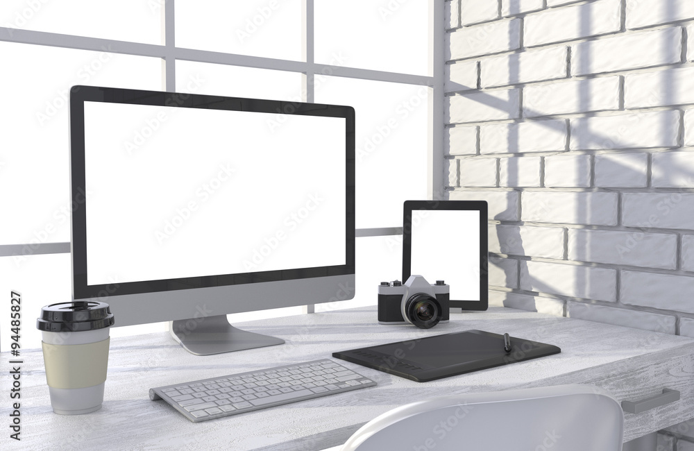 3D illustration PC screen on table in office, Workspace 3D illustration PC screen on table in office, Workspace