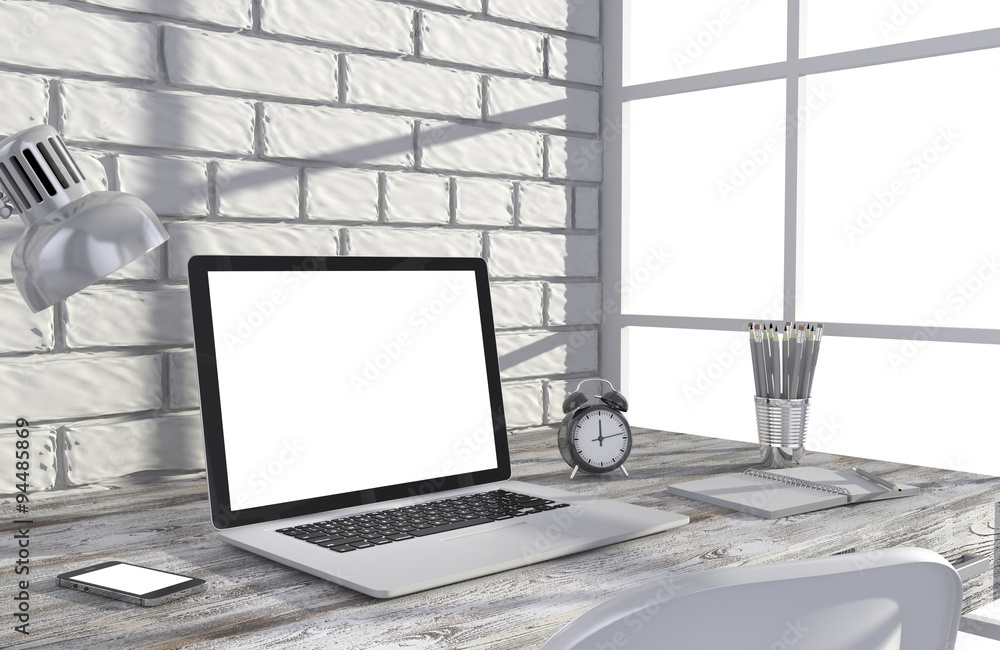Fototapeta premium 3D illustration laptop and work stuff on table near brick wall, Workspace