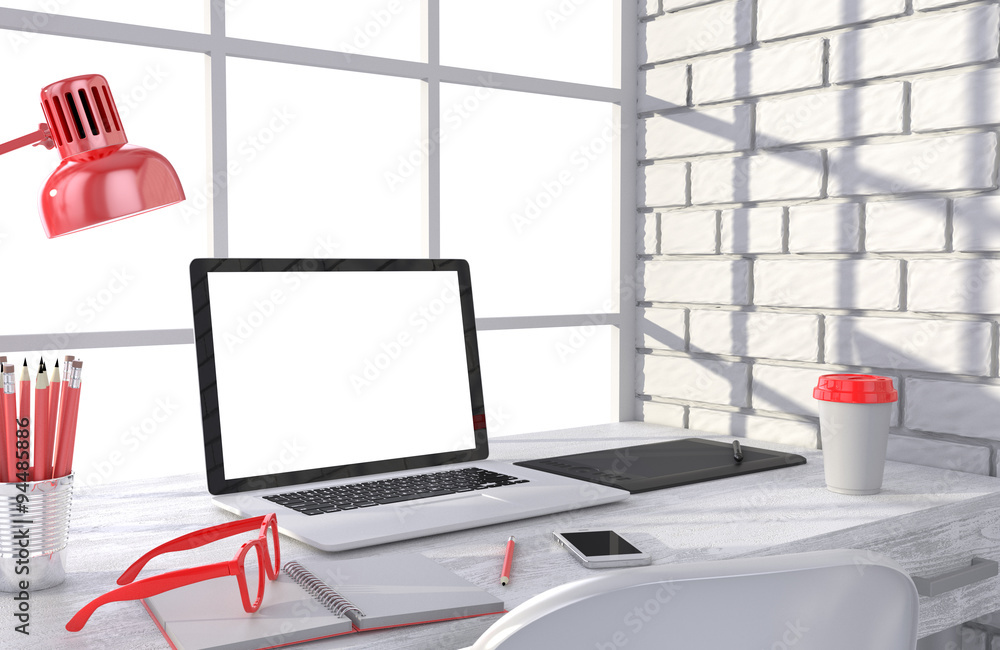 3D illustration laptop and work stuff on table near brick wall, Workspace 3D illustration laptop and work stuff on table near brick wall, Workspace