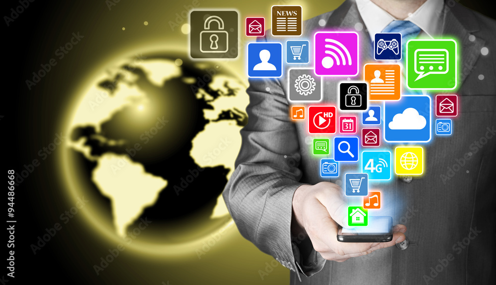 Business man using smart phone with social media icon set Business man using smart phone with social media icon set