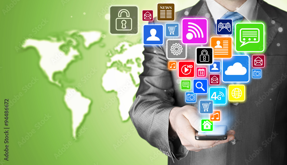 Business man using smart phone with social media icon set Business man using smart phone with social media icon set