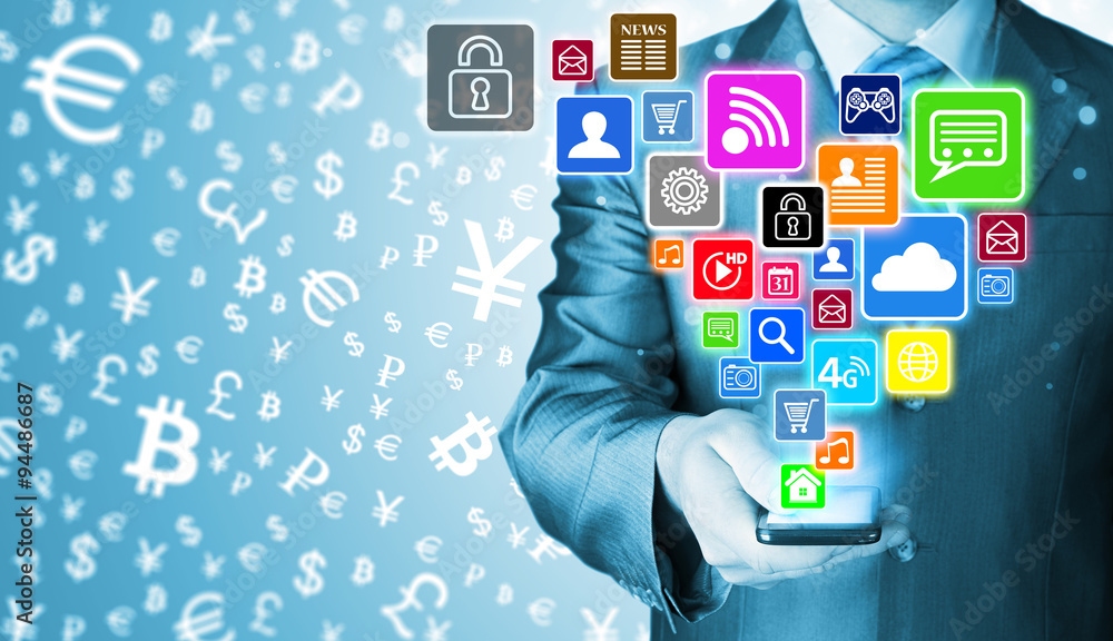 Business man using smart phone with social media icon set Business man using smart phone with social media icon set
