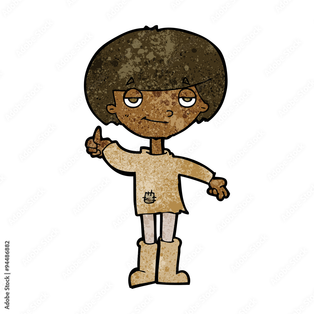 cartoon boy in poor clothing giving thumbs up symbol cartoon boy in poor clothing giving thumbs up symbol