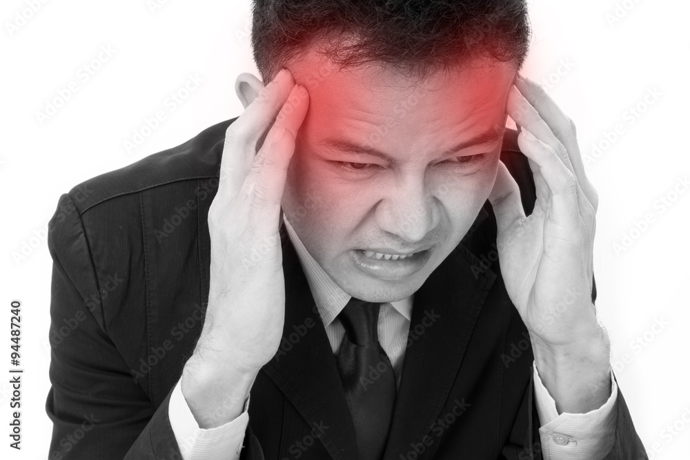 businessman suffers from sickness, severe headache with red aler businessman suffers from sickness, severe headache with red aler