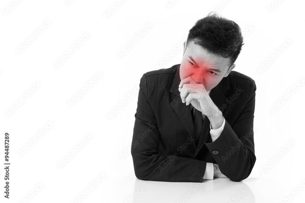 sick businessman suffering runny nose with red alert accent sick businessman suffering runny nose with red alert accent