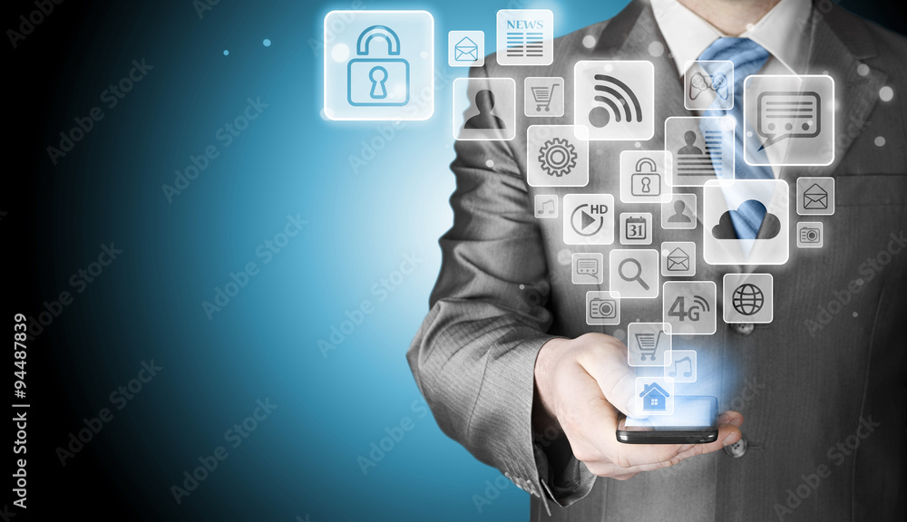 Business man using smart phone with social media icon set Business man using smart phone with social media icon set