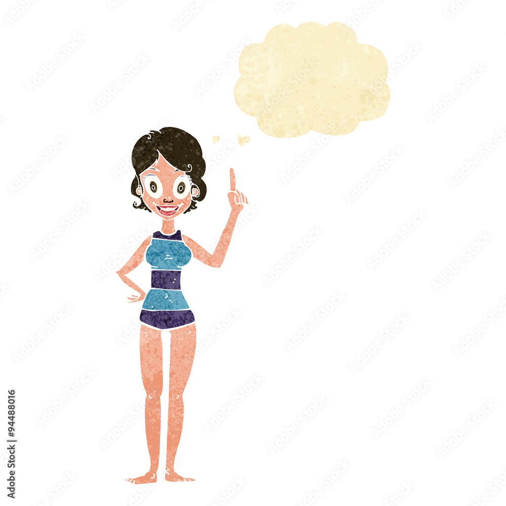 cartoon woman in striped swimsuit with thought bubble cartoon woman in striped swimsuit with thought bubble