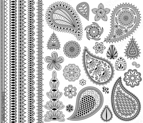 Vector vintage floral doodle elements. Flowers, payslies and five seamless borders.