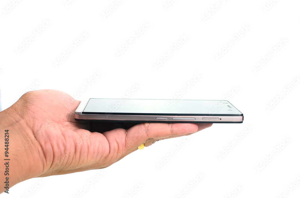Hand holding smart phone isolated on white background Hand holding smart phone isolated on white background