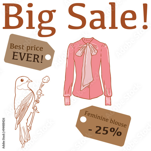 Big Sale illustration with bird, feminine blouse and labels