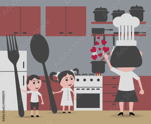 woman cooking and children begging for food