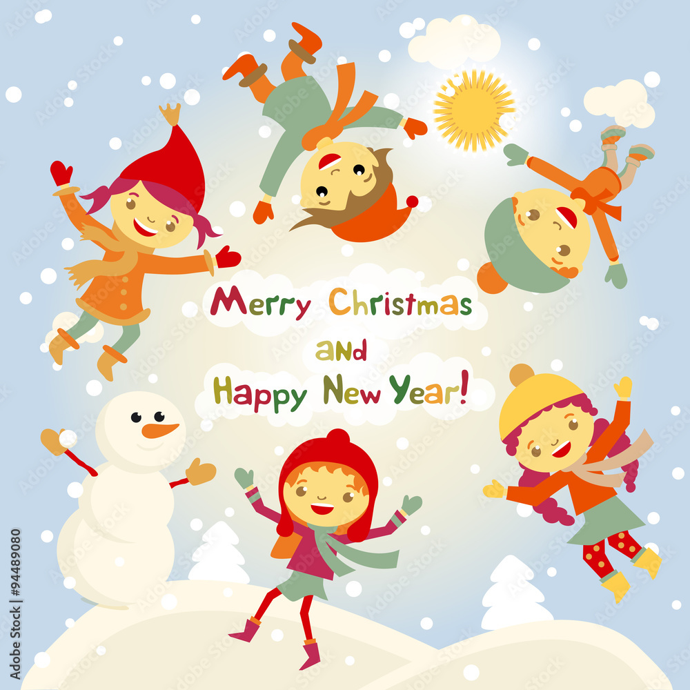 Naklejka premium Shiny vector christmas background with funny snowman and children. Happy new year postcard design with boy and girl enjoying the holiday. Winter snow with bokeh effect. 2016 card