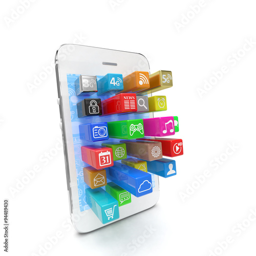 application software icons extruding from smartphone, isolated on white