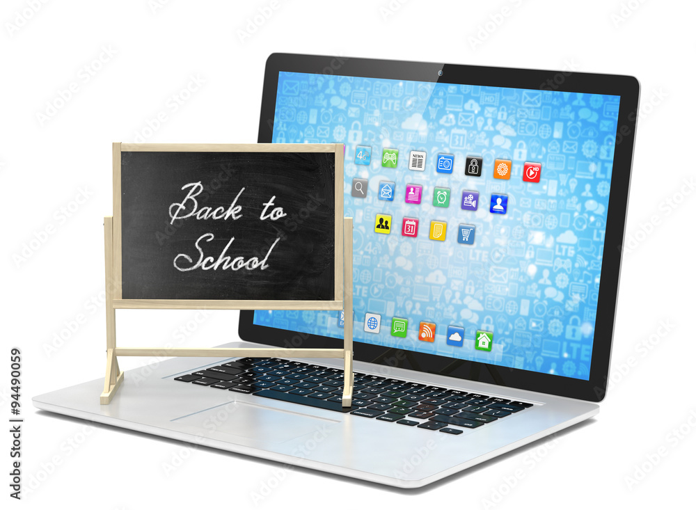 Laptop with chalkboard, back to school, online education concept Laptop with chalkboard, back to school, online education concept