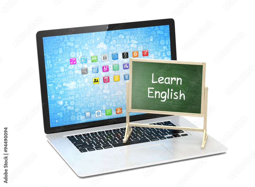 Laptop with chalkboard, learn english, online education concept Laptop with chalkboard, learn english, online education concept