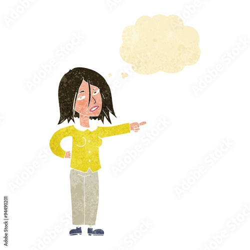 cartoon woman pointing with thought bubble