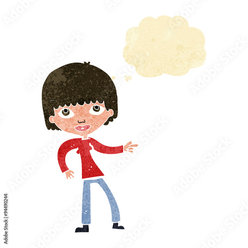 cartoon woman pointing with thought bubble