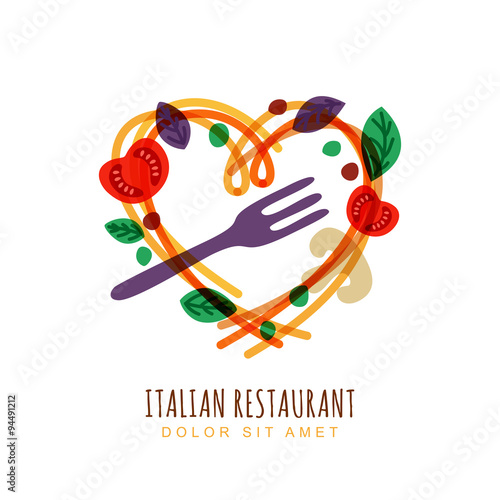 Hand drawn illustration of italian spaghetti in heart shape, tom