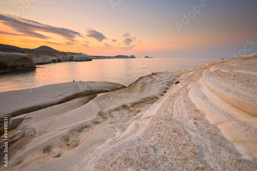 Coastal scenery with pale volcanic rocks near Sarakiniko beach in Milos island  Greece.