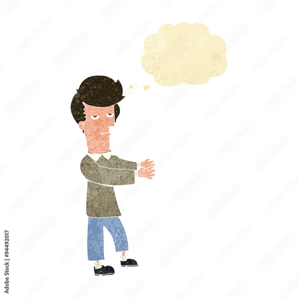 cartoon bored man showing the way with thought bubble cartoon bored man showing the way with thought bubble