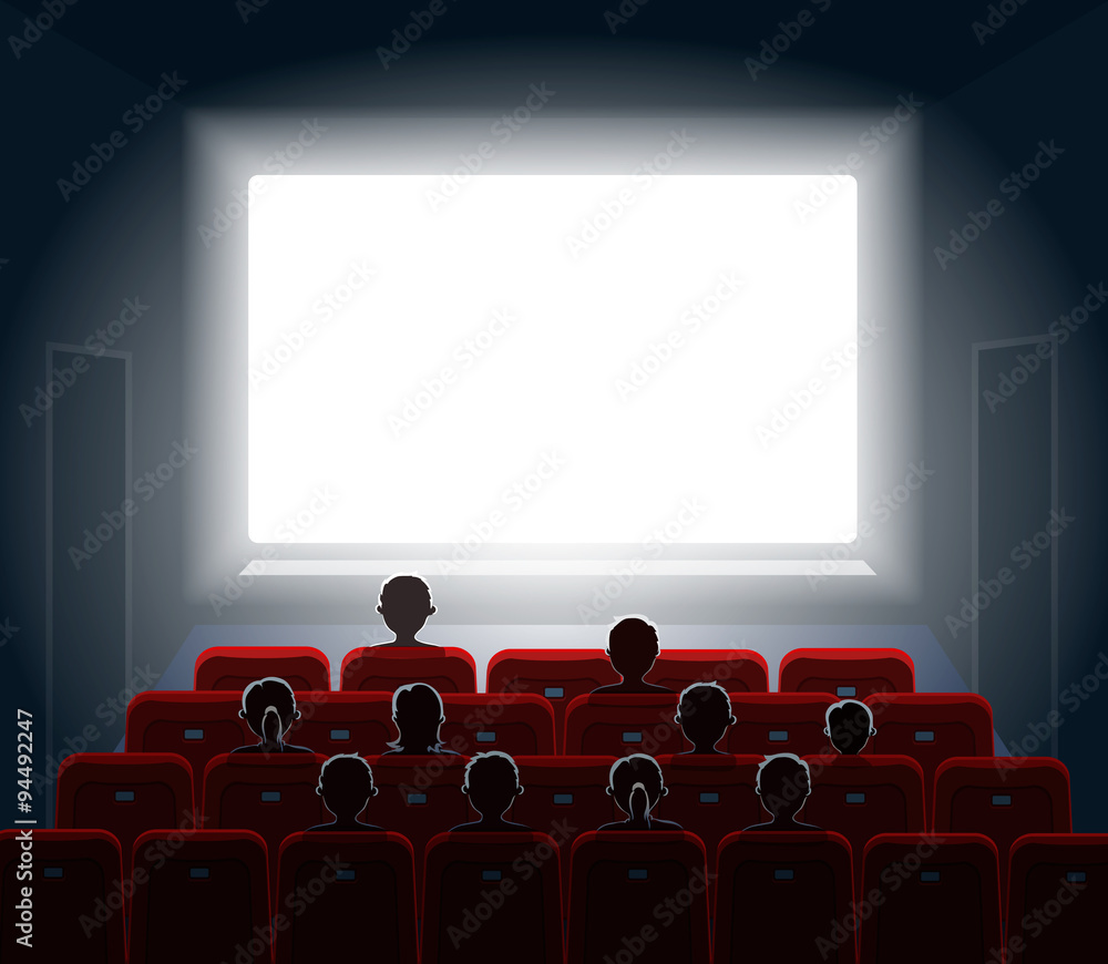 Obraz premium People watching movie at cinema hall. Film screen, show or concert. Vector illustration