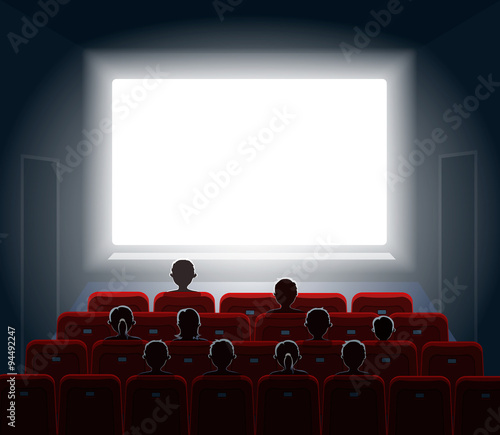 People watching movie at cinema hall. Film screen, show or concert. Vector illustration