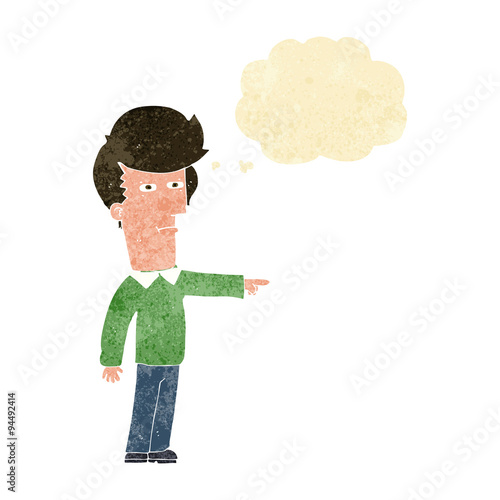 cartoon man blaming with thought bubble