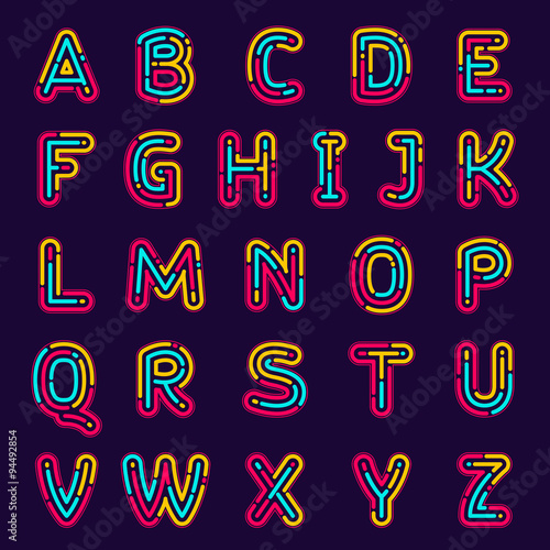 Neon line or fingerprint alphabet letters set.