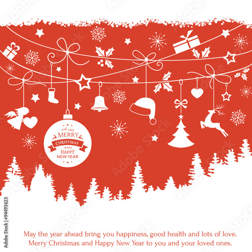 Card with hanging Christmas ornaments over fir tree landscape