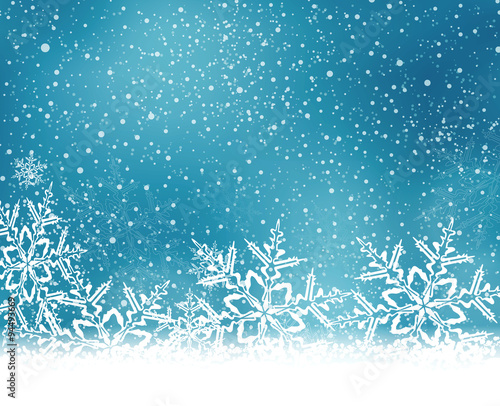 Blue white Christmas, winter background with snow flakes