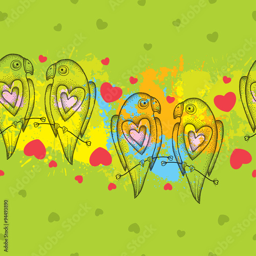 Seamless pattern with dotted parrots and hearts on the colorful blots background