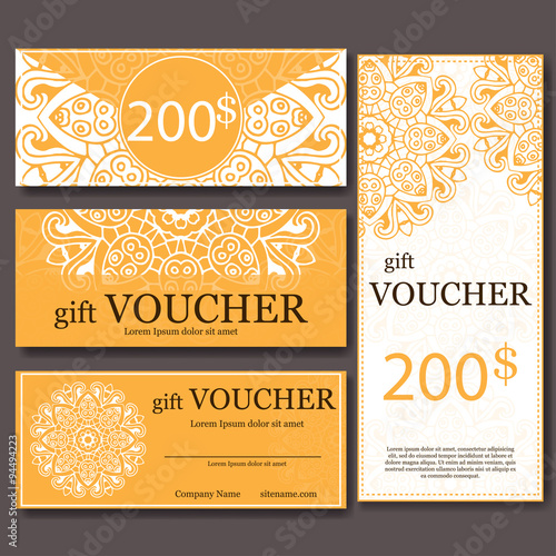 Gift voucher template with mandala. Design certificate for sport center, magazine or etc. Vector gift coupon with ornament on background.