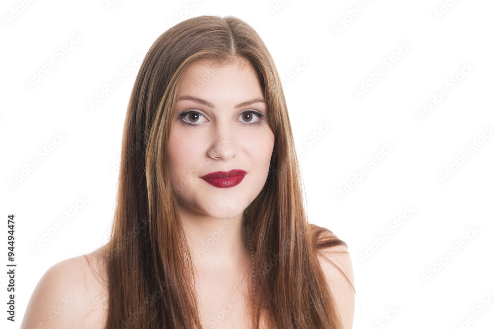 Hübsches Frauengesicht mit rotem Lippenstift Hübsches Frauengesicht mit rotem Lippenstift