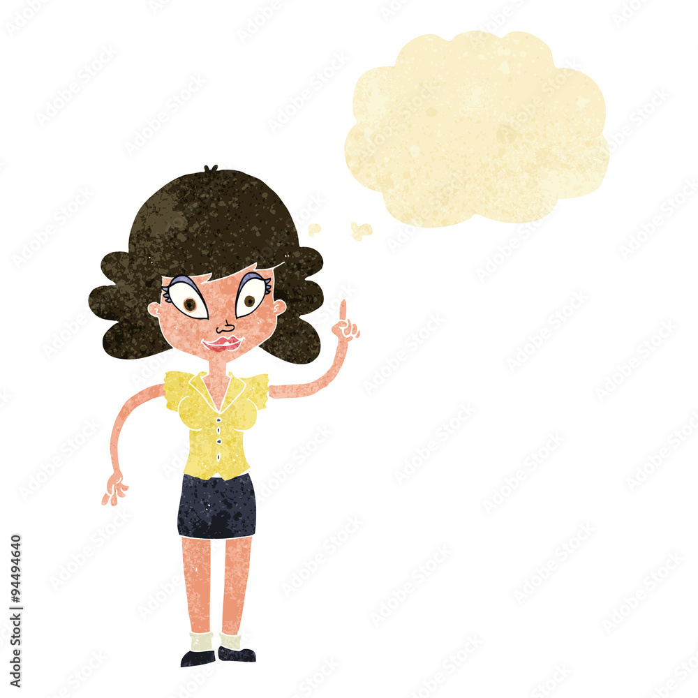 cartoon happy woman with idea with thought bubble cartoon happy woman with idea with thought bubble