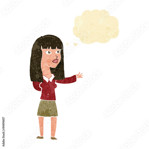 cartoon woman gesturing to show something with thought bubble