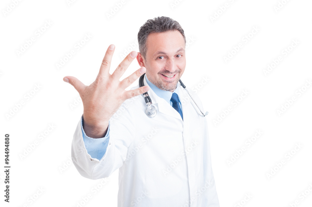 Smiling doctor showing number five or fifth Smiling doctor showing number five or fifth