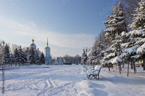 plaza in the city in the morning after a snowfall