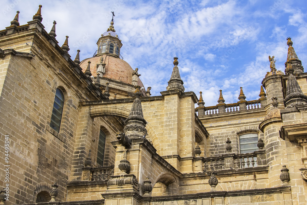 background view of the monument of ancient architecture Cathedral of Jerez de la Frontera in Andalusia, Spain
