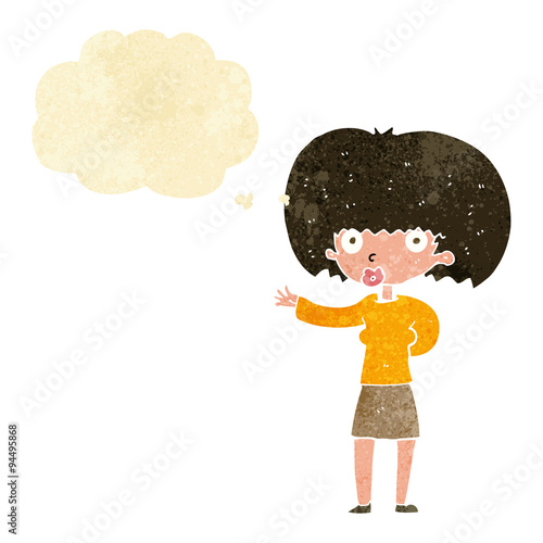 cartoon woman gesturing with thought bubble