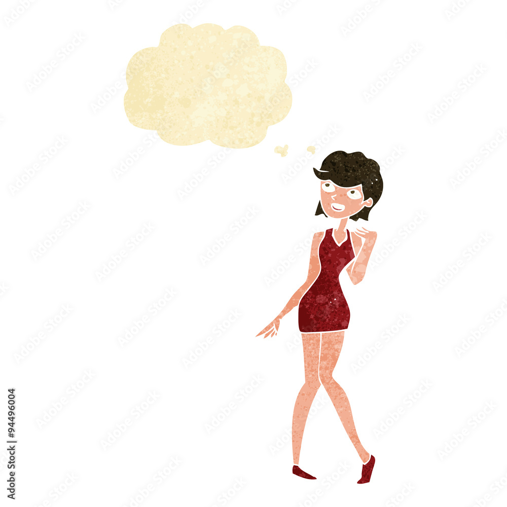 cartoon woman in cocktail dress with thought bubble cartoon woman in cocktail dress with thought bubble