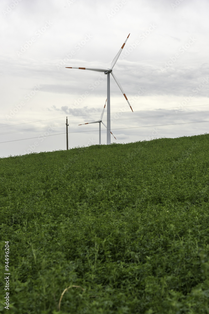 Wind Turbines in Field of wheat and corn. There are several wind turbines in the picture, in a cultivated field. Wind Turbines in Field of wheat and corn. There are several wind turbines in the picture, in a cultivated field.