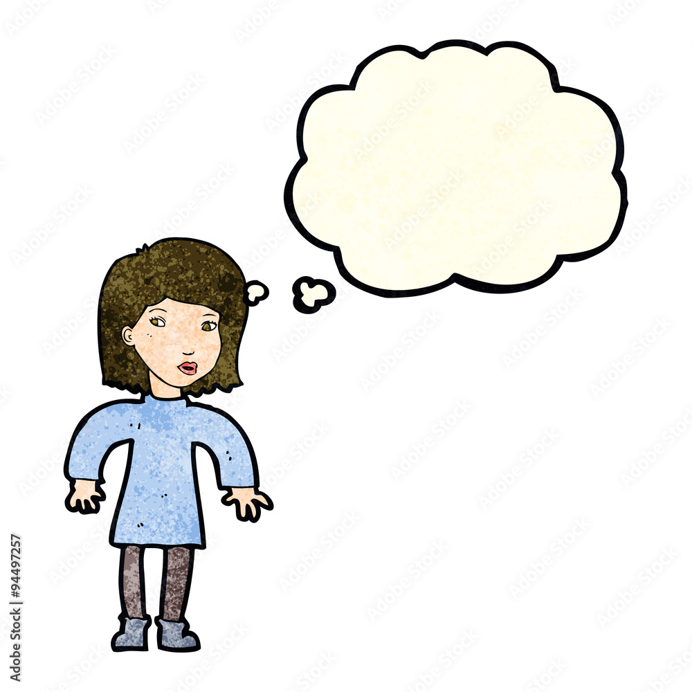cartoon cautious woman with thought bubble cartoon cautious woman with thought bubble