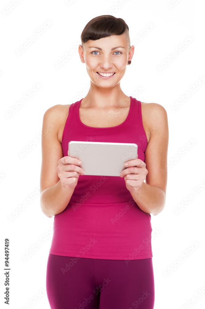 Portriat of woman with tablet, Isolated on white background. Smi Portriat of woman with tablet, Isolated on white background. Smi