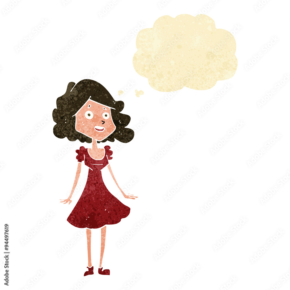 cartoon happy woman in dress with thought bubble cartoon happy woman in dress with thought bubble