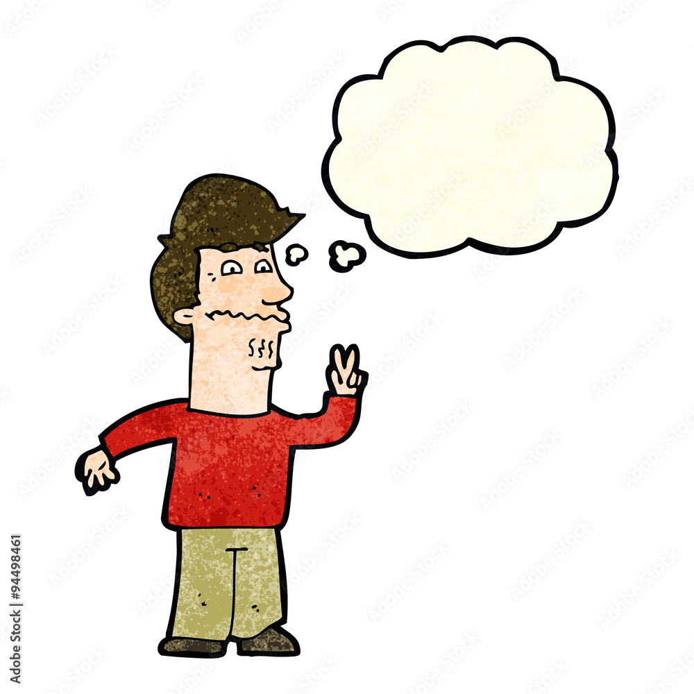 cartoon man giving peace sign with thought bubble cartoon man giving peace sign with thought bubble