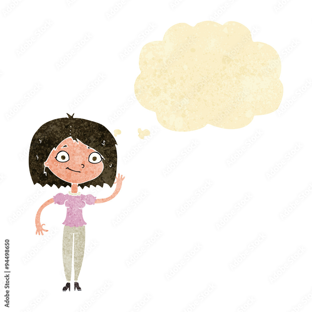 cartoon woman waving with thought bubble cartoon woman waving with thought bubble