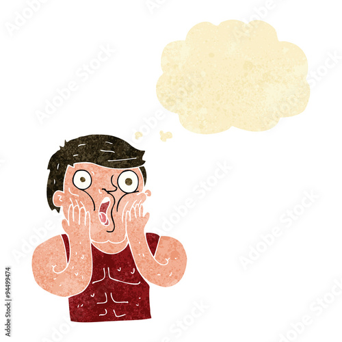cartoon shocked gym man with thought bubble