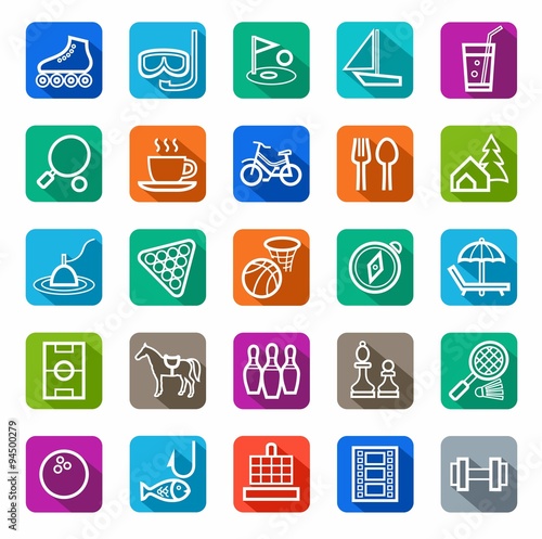 Icons, leisure and entertainment, white outline, solid color. 