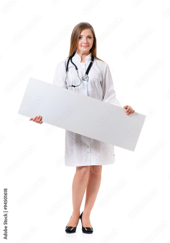 Doctor with stethoscope showing blank board Doctor with stethoscope showing blank board