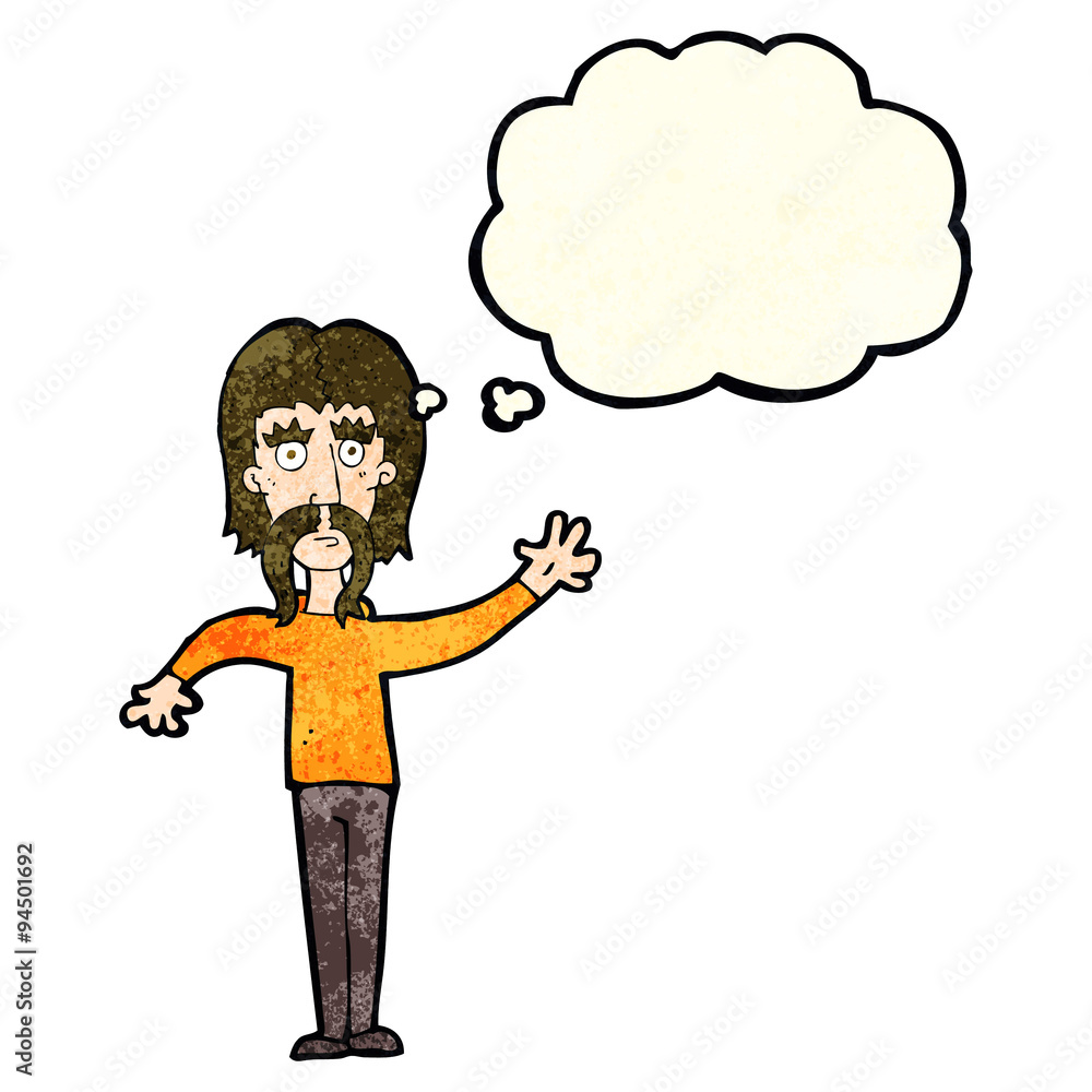 cartoon waving man with mustache with thought bubble
